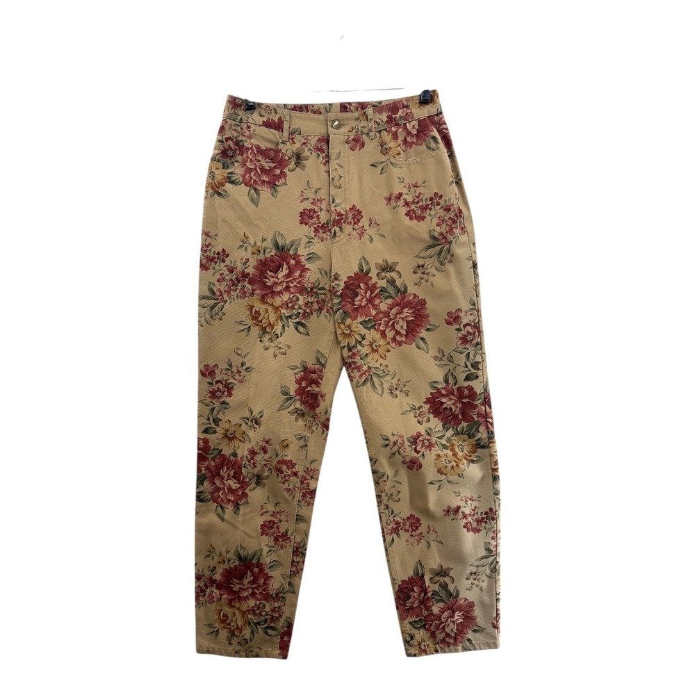 Talbots Floral Tapestry Pants Womens 6 Tan Burgundy High Rise Cotton Vintage EX